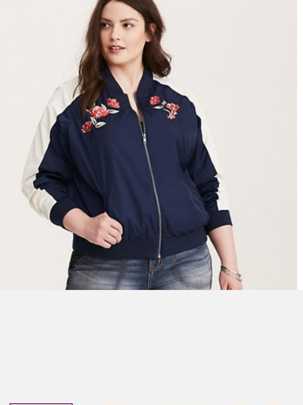 torrid Navy Bomber Jacket with Cream Sleeves and Floral Embroidery